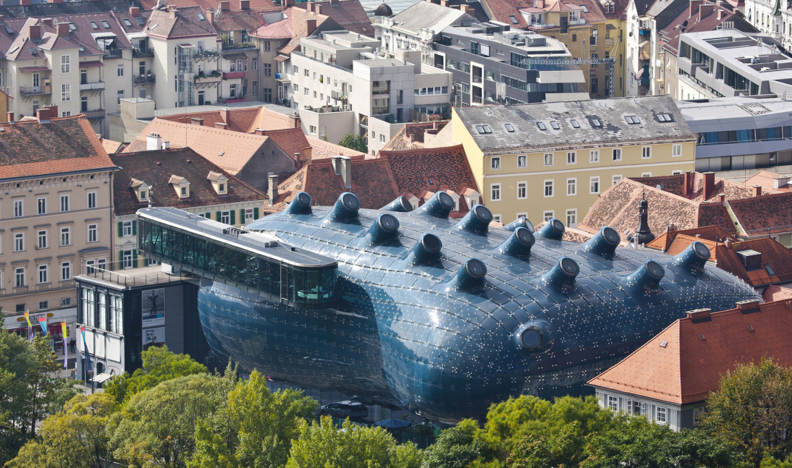 Culture:City - Kunsthaus, Graz (2001-03) by Peter Cook and Colin Fournier. Friendly giant or monstrous insertion? (Photo: Universalmuseum Joanneum / Christian Plach)