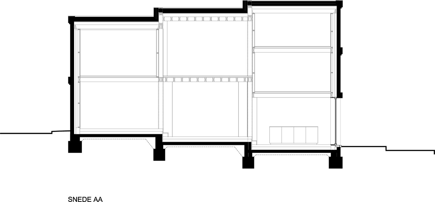 Section showing the gradual step down of the house, enabling three storeys at one end. (Image: BLAF Architects)