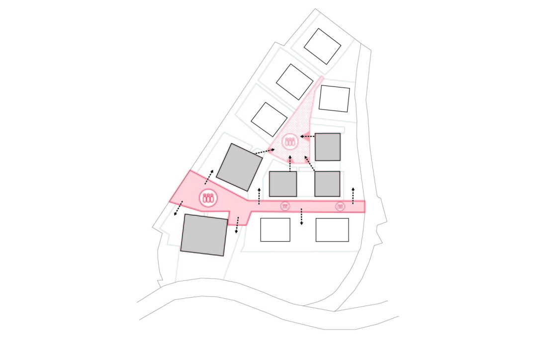 Plan showing the communal spaces of the complex.