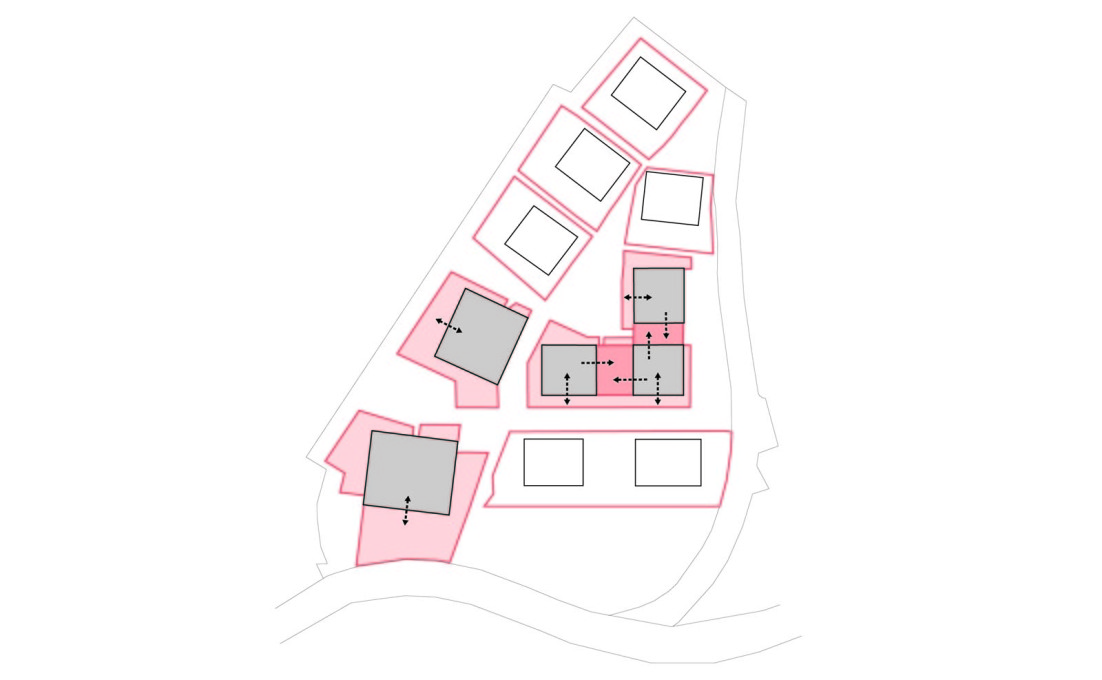 Plan demonstrating the private external spaces for each building in the complex.