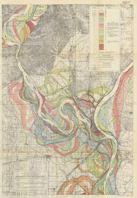 Map of the historical meanders of the Mississippi river, by Harold Fisk, 1944.