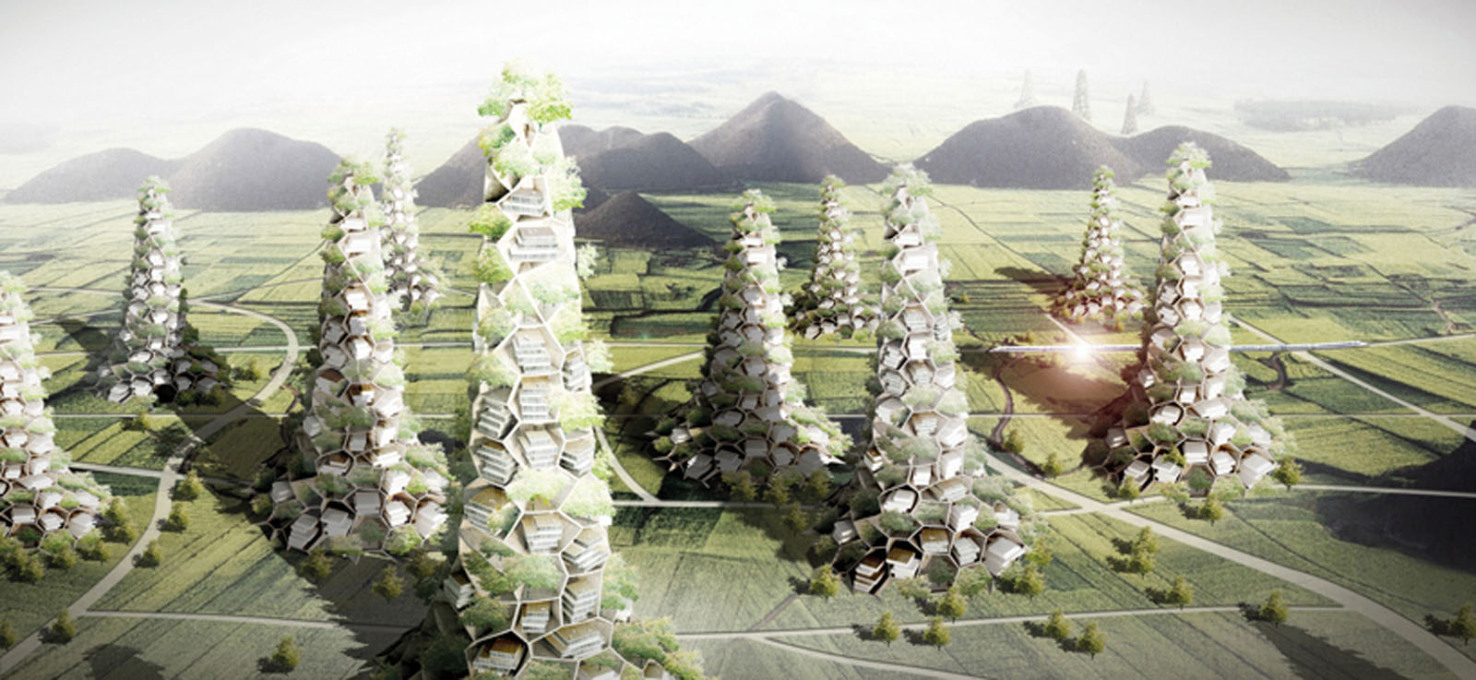 A visualisation of Zhang Ke&rsquo;s proposal for &ldquo;Village Mountains&rdquo;.