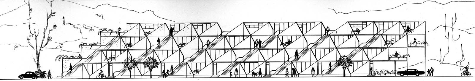 Section view highlighting the pre-fabricated, trapezoid shapes that defined the original construction. (Plan courtesy Arieh Sharon office)