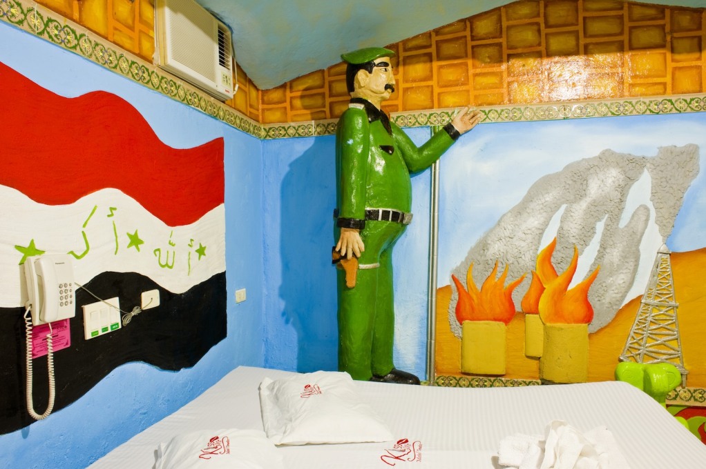 Saddam Hussein and burning oil fields in the bedroom. No prizes for guessing which country is the theme here.