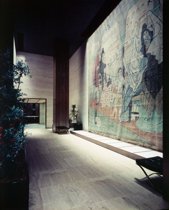Pablo Picasso,&nbsp;Le Tricorne&nbsp;stage curtain, 1919, Four Seasons Restaurant, Philip Johnson interior. (Photo: Ezra Stoller, 1959,&nbsp;&copy; Esto. &copy; Picasso Estate/SODRAC (2013). Curtain owned by New York Landmarks Conservancy)