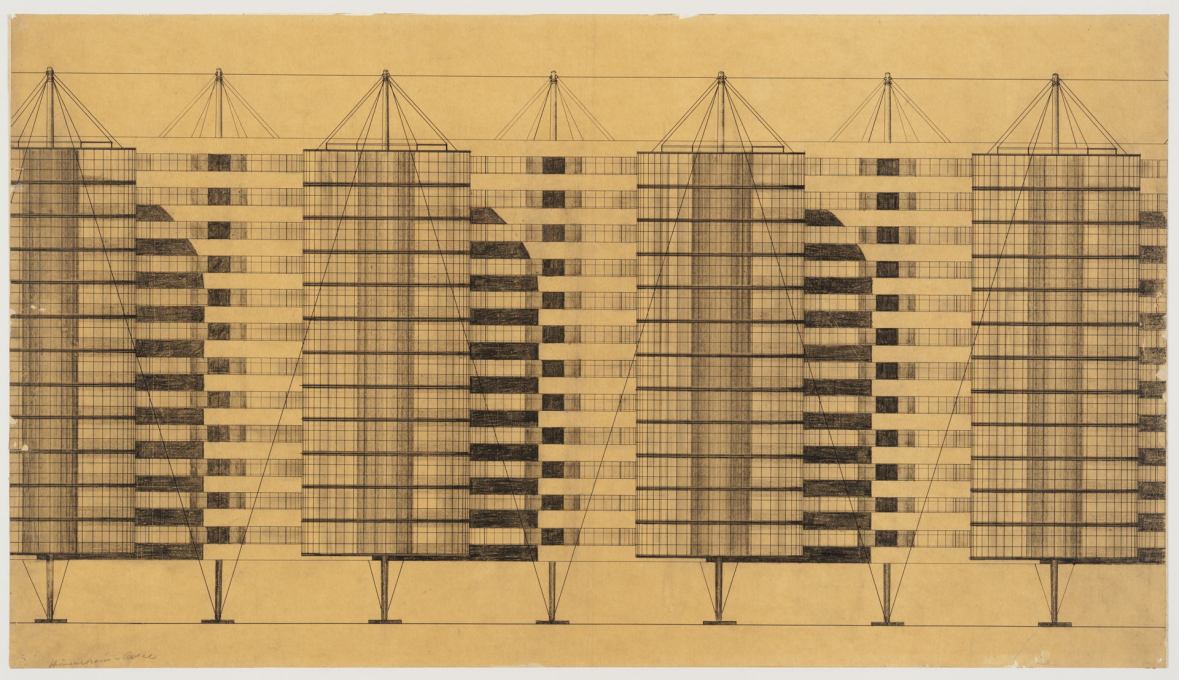Suspended House Settlement, perspective view, 1927/28. (Attributed to Bodo Rasch, photo: Hans Schr&ouml;der)
