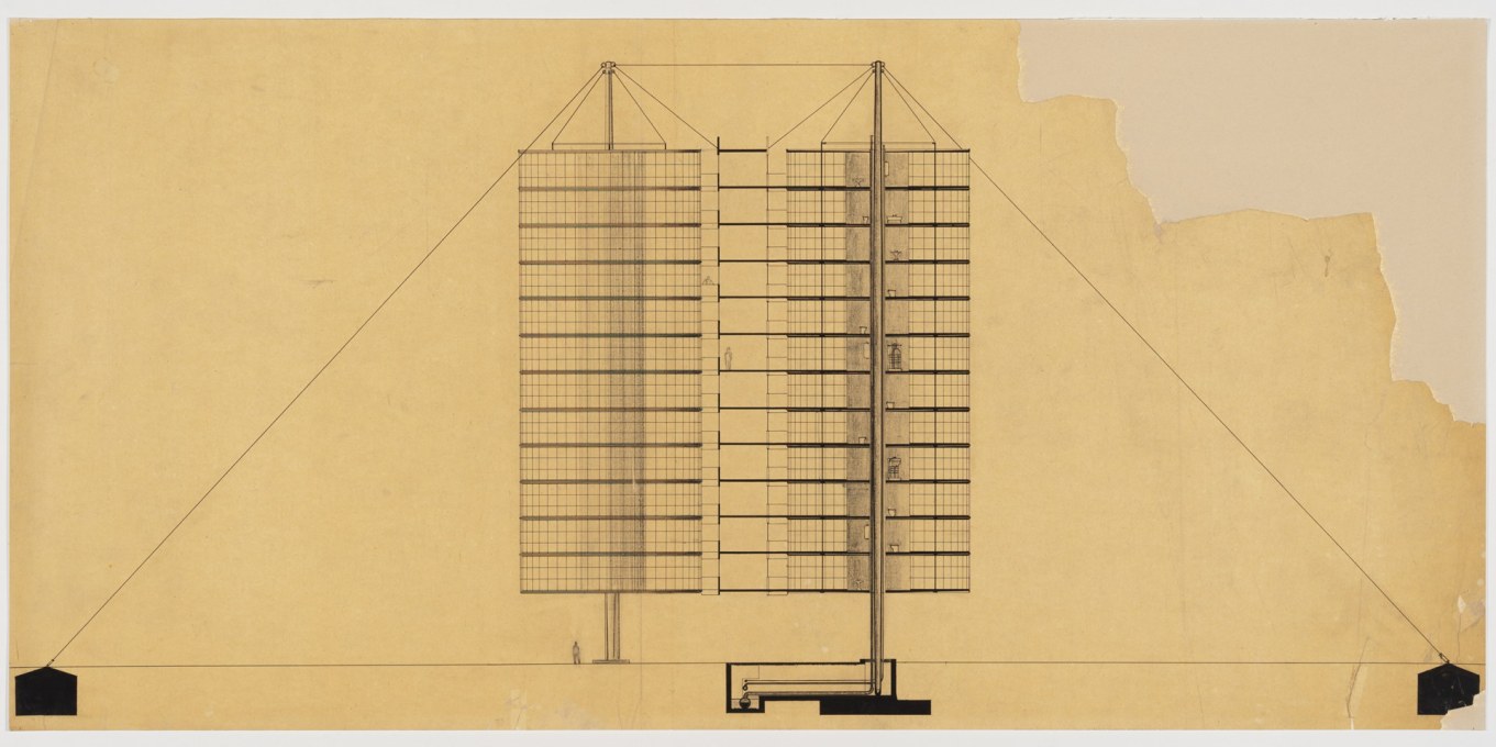 Project for Suspended Housing Units, cut-away axonometric view, 1927. Pen, ink and graphite on tracing paper. (Attributed to Bodo Rasch &copy; Canadian Centre for Architecture, Montr&eacute;al)