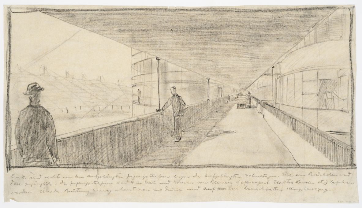 Suspended Housing Units: perspective view along a suspended walkway, 1927/28. Graphite on tracing paper. (Attributed to Bodo Rasch &copy; Canadian Centre for Architecture, Montr&eacute;al)