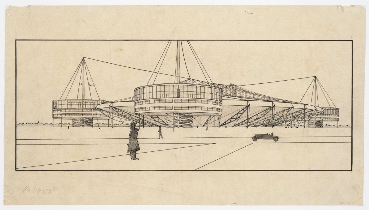 Project for a stadium: perspective, 1927/1928. Pencil, ink and graphite on tracing paper. (Attributed to Bodo Rasch &copy; Canadian Centre for Architecture, Montr&eacute;al)