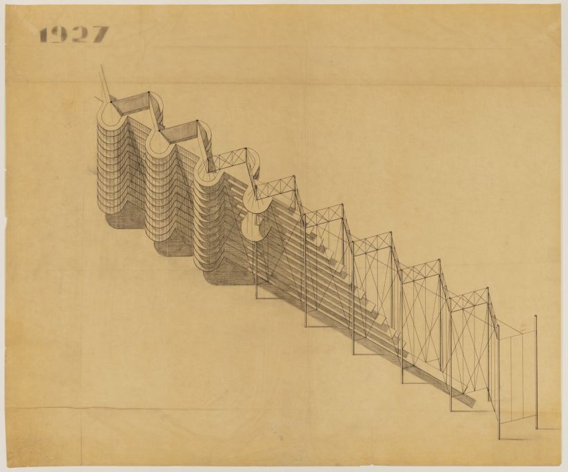 Project for Suspended Housing Units, cut-away axonometric view, 1927. Pencil, ink and graphite on tracing paper. (Attributed to Bodo Rasch &copy; Canadian Centre for Architecture, Montr&eacute;al)