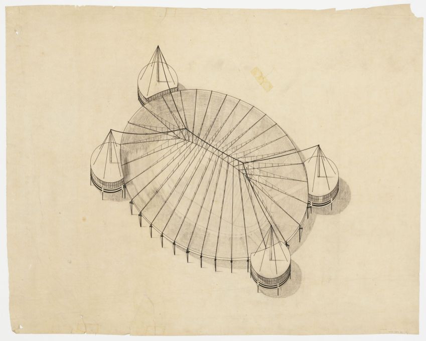 Bodo Rasch: Project for a stadium, bird&rsquo;s eye view, 1927/1928. Pencil, ink and graphite on tracing paper. (&copy; Canadian Centre for Architecture, Montr&eacute;al)