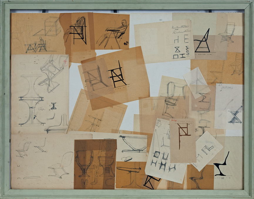 Heinz Rasch: Framed sketches with studies for chairs, various years. Pencil and ink on paper. (&copy; Kragstuhlmuseum / Tecta-Archiv, Lauenf&ouml;rde, Photo: Hans Schr&ouml;der)