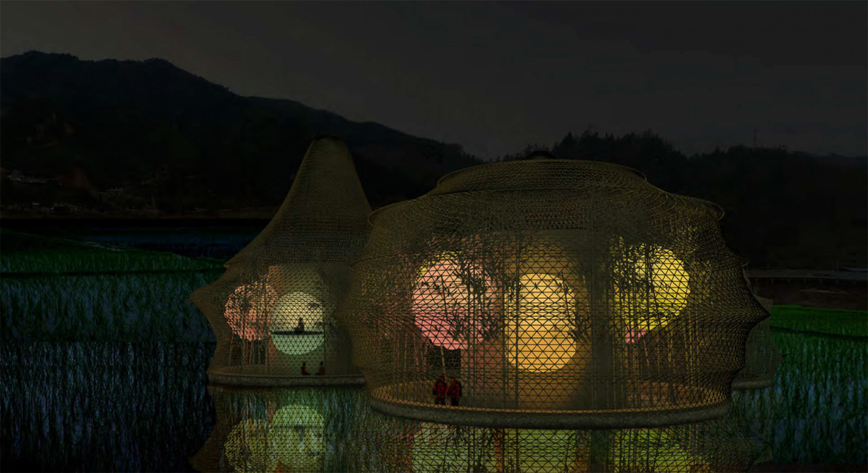 And the nocturnal view, with the sleeping capsules glowing like Chinese lanterns.