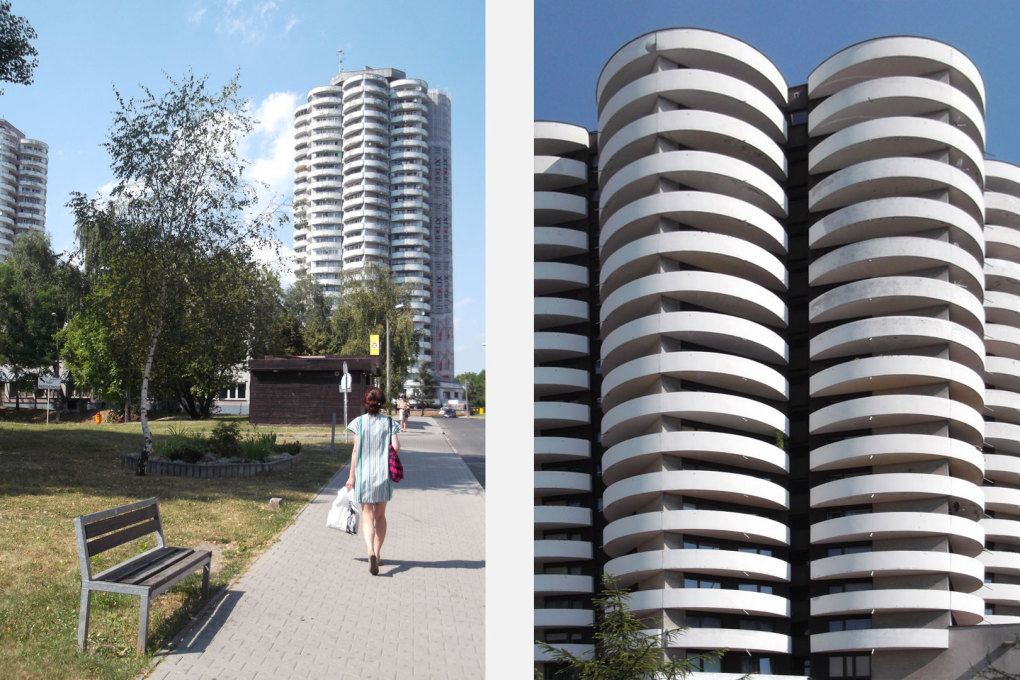 Before and after the renovation of Tysiaclecia in Katowice, which has been carefully done, with the distinctive white monochrome of the original blocks maintained.
