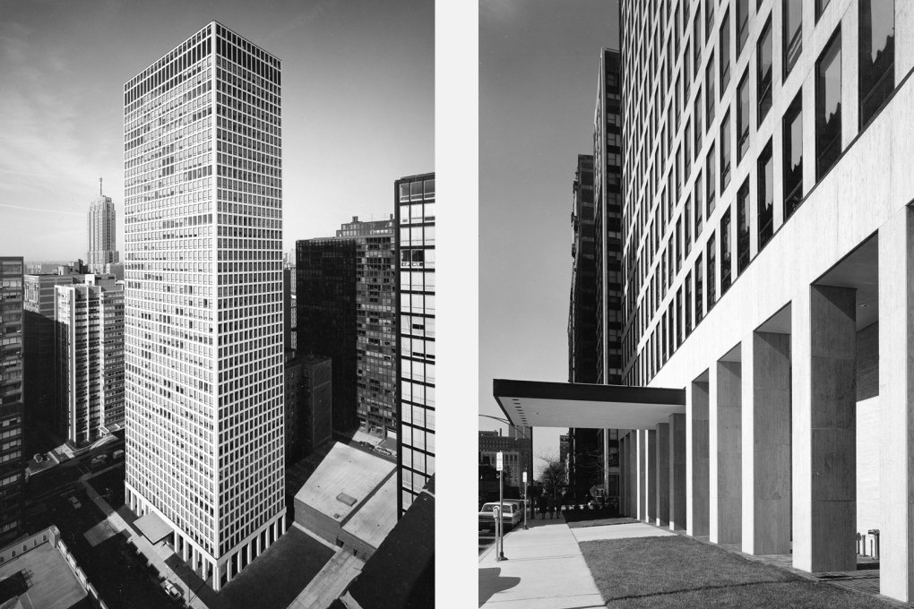 The completed 42-storey Dewitt Chestnut Apartment Tower by SOM was completed in 1965, when construction of the Neue Nationalgalerie in Berlin had just began. (Photos: Hedrich Blessing)