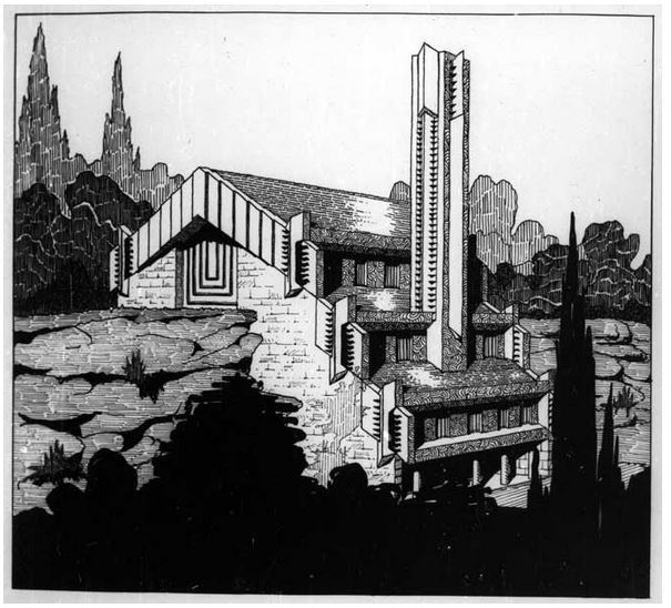Perspective sketch by the architect Walter Burley Griffin of the Incinerator, published in Building magazine in 1934. (Image: Walter Burley Griffin Society Inc. Collection)