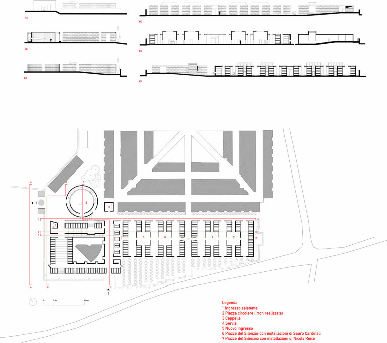 Plan, sections and elevations of the Gubbio Cemetery extension. (Image: Andrea Dragoni)