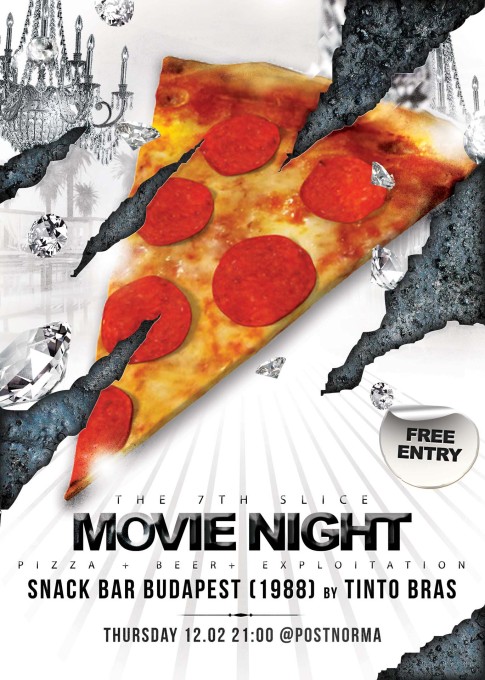 Poster for movie nights at PostNorma with home-baked pizza made in a homemade pizza-oven by Thomas Schneider and Reinier Kranendonk.