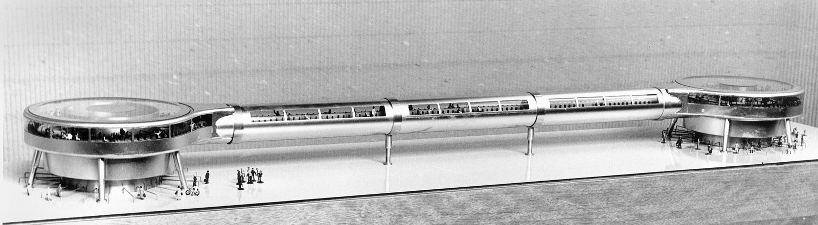 Conceptual model of the moving walkway system with access points. (Image: Kohlmaier/von Sartory &copy; Berlinische Galerie)