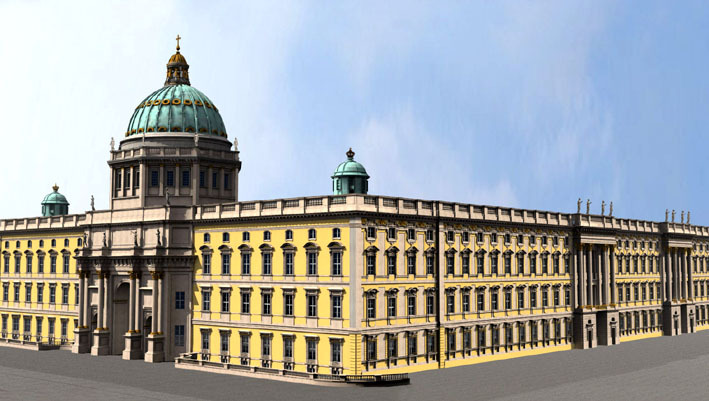 Zombie Palace no. 2: rendering of reconstructed Stadtschloss. Demolished in the 1950s as an imperialist symbol, the Palast der Republik replaced it, and has now in turn bitten the dust. (Image: F&ouml;rderverein Berliner Stadtschloss)