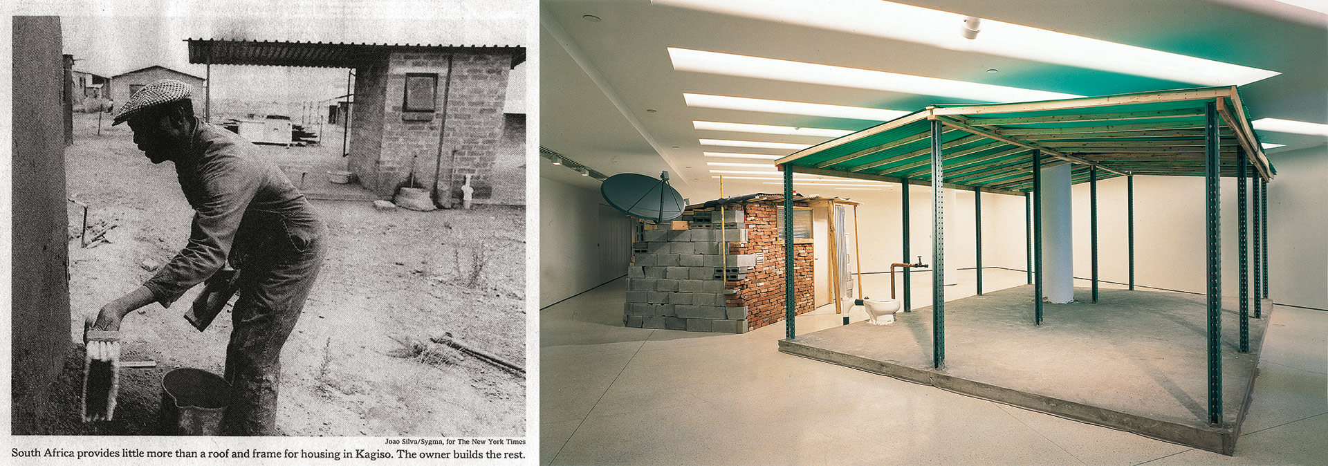 &ldquo;Kagiso: Skeleton House&rdquo; exhibited the Johannesburg housing model at the&nbsp;Guggenheim Museum in New York in 2001. (Photo right: Ellen Labenski; left&nbsp;Joao Silva; courtesy the artist/Galerie Nordenhake)