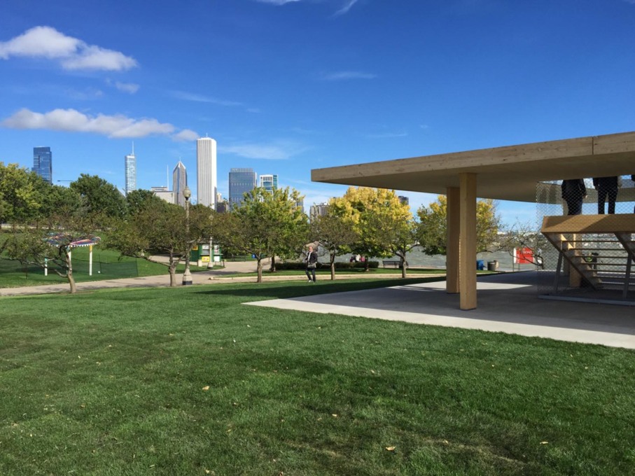 The view to downtown Chicago behind Ultramoderne&rsquo;s winning kiosk design. (Photo: Rob Wilson)