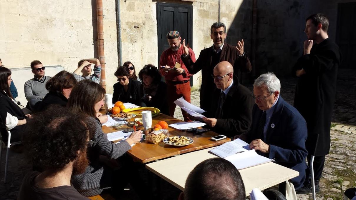 The February press conference for the opening, featuring TRM journalists, Rossella Tarrantino and Paolo Verri of Matera2019, Mayor Salvatore Adduce, and unMonasterians Vickers, Bembo Davies and Rita Orlando.&nbsp;(Photo: TRM)