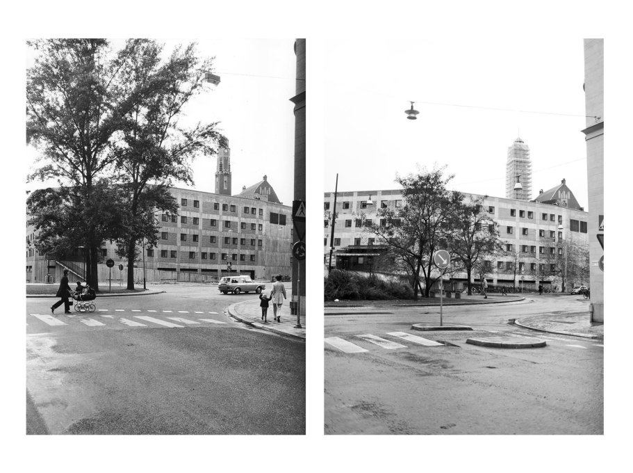 Main fa&ccedil;ade towards the street in Stockholm&rsquo;s upscale &Ouml;stermalm neighbourhood where the ivy intended to cover the raw concrete never really took hold. (Photos: Sten Vilson, 1970 and Tove Freiij, 2015)