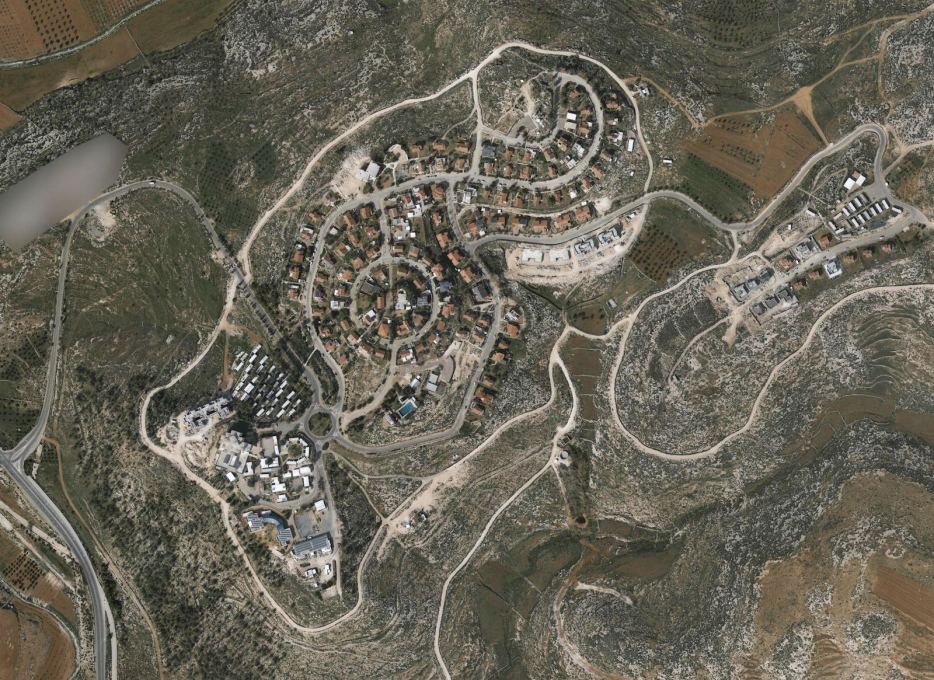 Israeli settlement of Otniel (Hebron Governorate): 787 inhabitants, established in 1983, 164 acres.