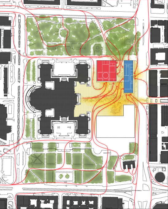 The museum (red) and a new theatre (blue) are to create new public attractions on Parade Square... (Image: Thomas Phifer and Partners)