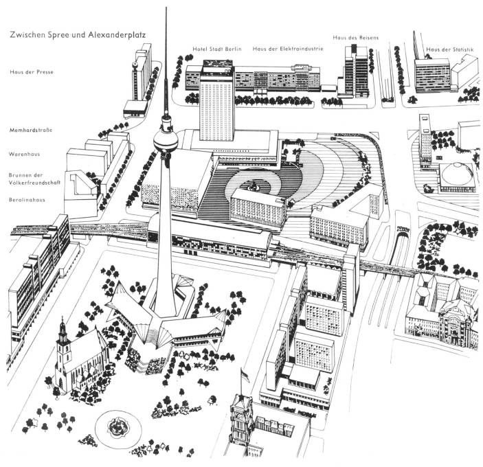 Martha-Luise Gubig: drawing of Alexanderplatz with TV tower, as realised in 1978. (Reproduction from the book &ldquo;Berlin, Hauptstadt der DDR. Historische Stra&szlig;en und Pl&auml;tze heute&rdquo;, &copy; legal successors of Martha-Luise Gubig)