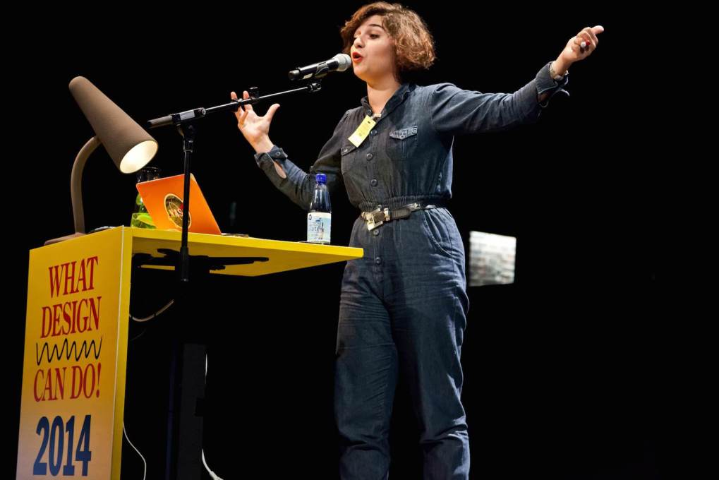 Nelly Ben Hayoun imbued the conference with a jolt of energy, zooming through over 100 slides on her outer-space related projects. (Photo courtesy WDCD)