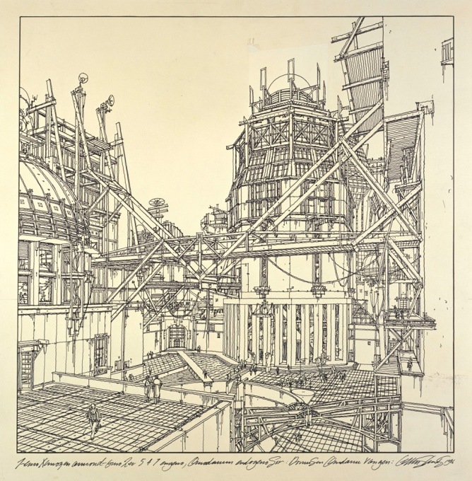 Lebbeus Woods, &ldquo;A-City: AC-4, Sector 1576N&rdquo;, 1986, fineliner on tracing paper, relined on board.