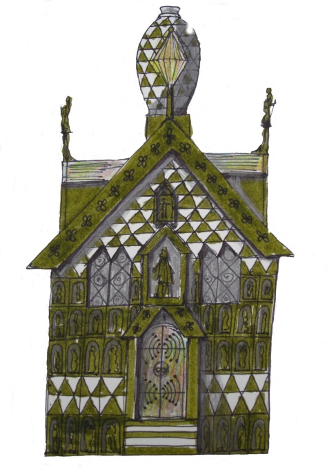 Sketch by Grayson Perry of West Elevation,&nbsp;showing the ceramic tiles decorated with the figure of Julie, the fictional previous owner of the house. (Image courtesy: FAT) &nbsp;