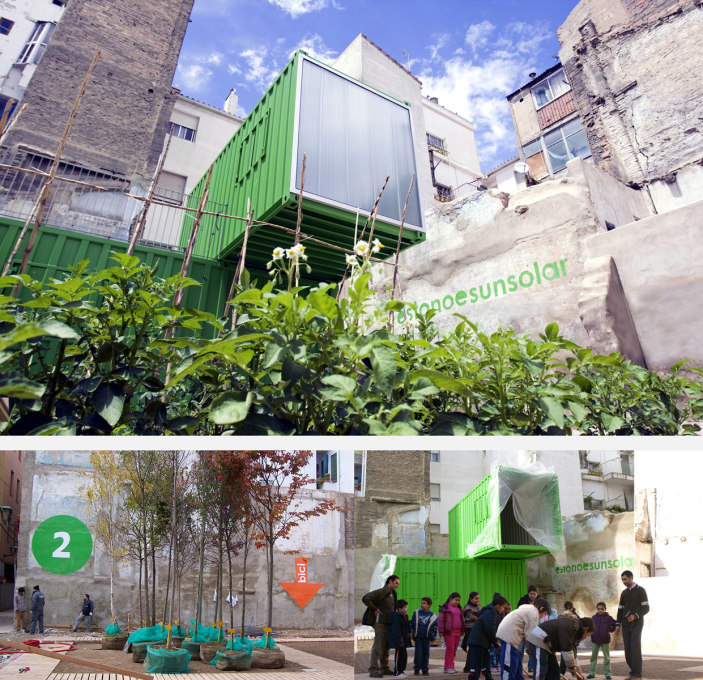 This plot at Calle de las Armas 94 was transformed using a shipping container, timber and plants. Both public urban garden and tree nursery, it is used for educational and community events. &nbsp;