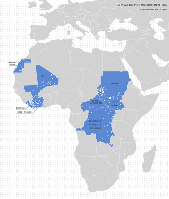 Map showing the locations of current UN Peacekeeping Missions in Africa. (Image courtesy Malkit Shoshan)