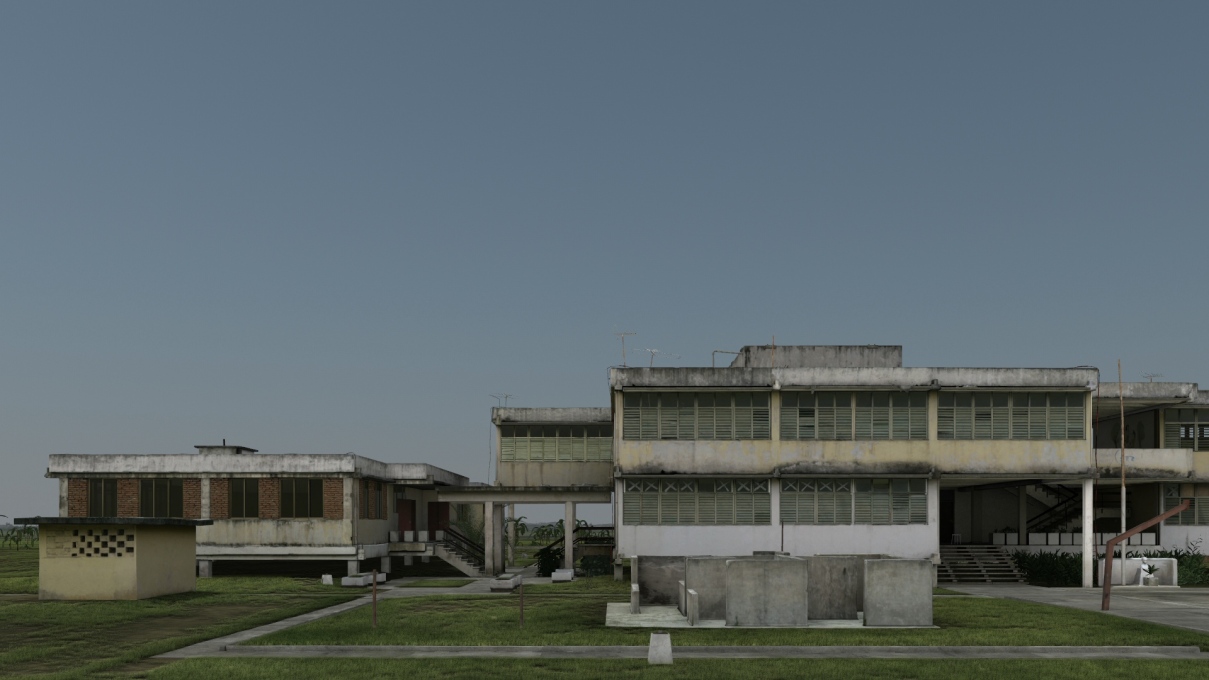 &ldquo;...the Soviet-inspired architecture of the empty school...subtly alludes to the demise of political vision and ideological obsolescence&rdquo;. (Image courtesy the artist and Simon Preston Gallery, New York)