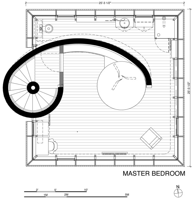 Plan of the first floor, showing the bedroom and bathroom. (Image courtesy Studio Christian Wassmann)