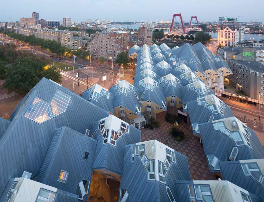 &nbsp;A Blaak Forest canopy: the Cube houses complex designed by Piet Blom in 1974, with open spaces and the larger Supercube structures dotted among 40 living units. (Photo: Ossip van Duivenbode) &nbsp;