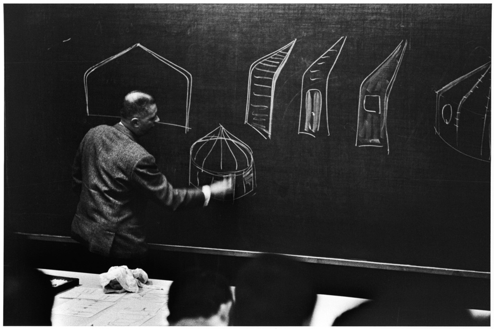 Jean Prouv&eacute; giving a lecture at the National Conservatory for Arts and Crafts (CNAM), 1968. (Photo: Edmond Remondino, courtesy Dominik Remondino/Private Collection)