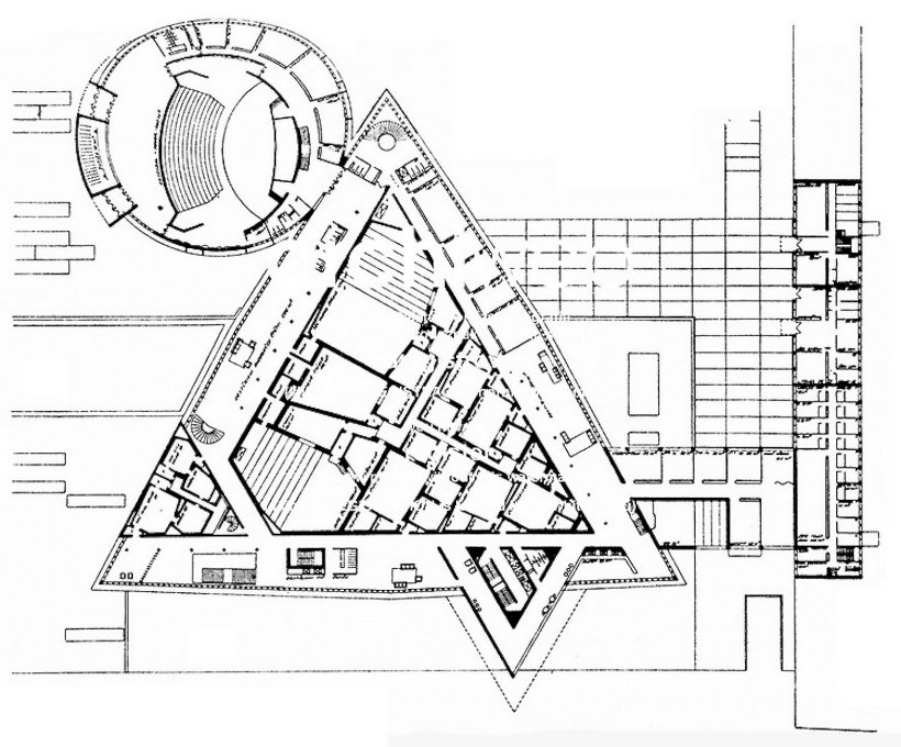 Original 1963 competition plan submitted by by architects &Scaron;tefan Svetko, &Scaron;tefan ?urkovi? and Stanislav Tala&scaron;, which received third prize. Tala&scaron; was later replaced by Barnab&aacute;&scaron; Kissling.