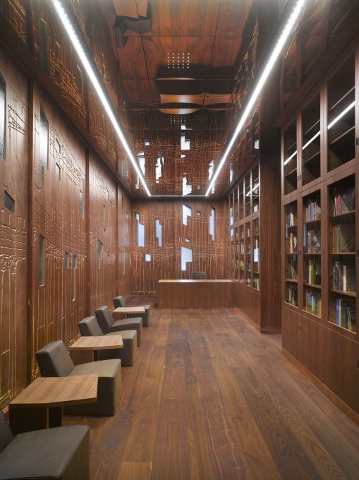 The timber-lined entrance space, like a library.&nbsp; (Photo&nbsp;&copy; Roland Halbe)