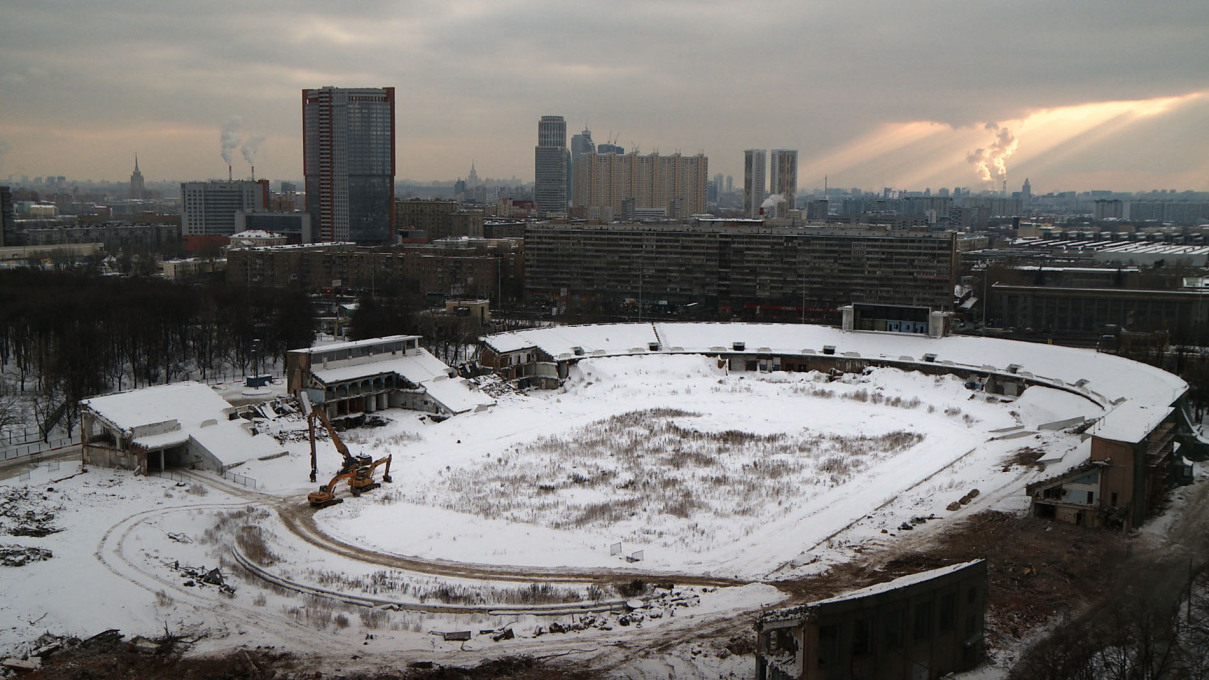 The Dynamo Stadium (1928), seen here in 2012 being demolished: the fate hanging over many of Moscow&rsquo;s surviving Constructivist buildings, their existence threatened by new real estate developments. Film still.