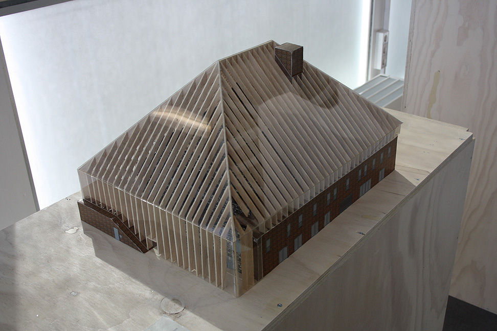 A model showing the library&prime;s simple barn-like structure. (Model: MVRDV)