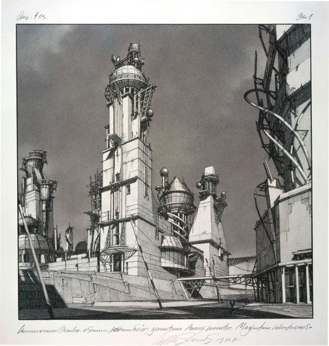 Lebbeus Woods, &ldquo;Centricity: Quad GA: Square with Geodynamic Towers&rdquo;, (1987), pencil and airbrush on board: &ldquo;half medieval turret and half factory furnace&rdquo;.