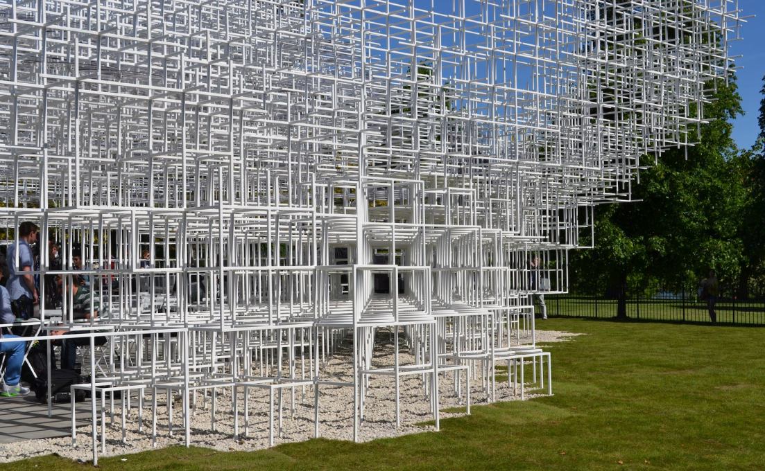 The white steel bars become cubes that compose the whole structure and make a light but formidable form.&nbsp;(Photo:&nbsp;Ellie Duffy)