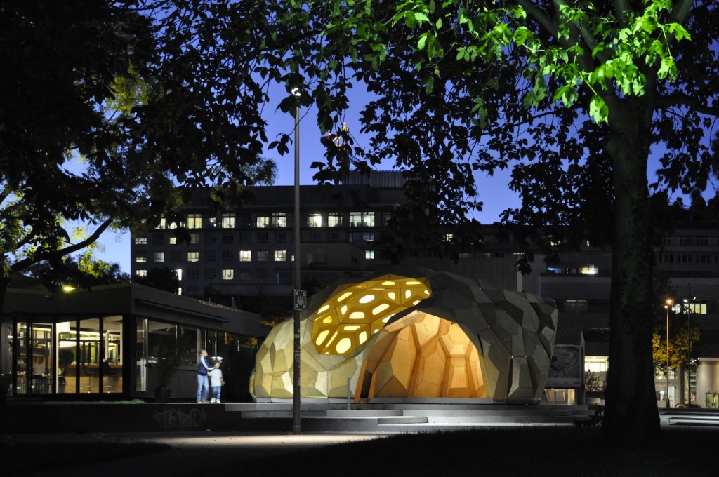 View of the ICD/ITKE Research Pavilion, 2011, at night.