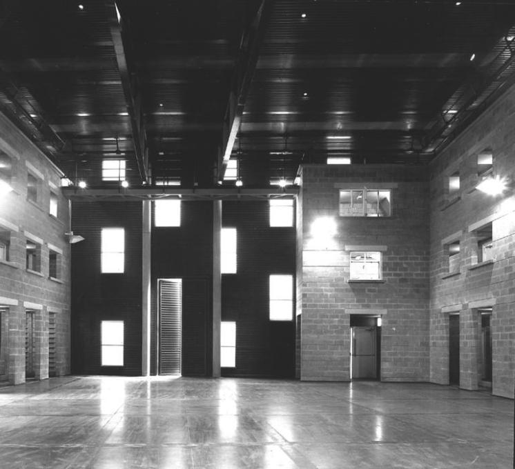 Half Moon Theatre, London, 1985. Main hall with steel curtain wall. (Photo: Peter Cook)