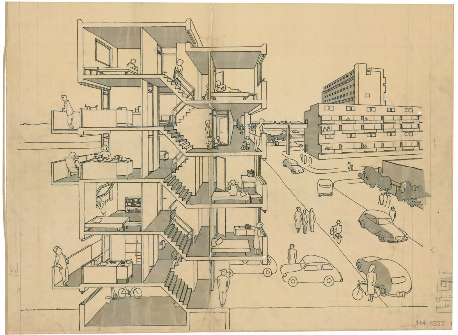 An Open Society? A section for the Lekkumerend housing scheme in Leeuwarden, The Netherlands, 1962, Het Nieuwe Instituut collection, BROX_1337t339-1. (Image courtesy Van den Broek en Bakema Architects)