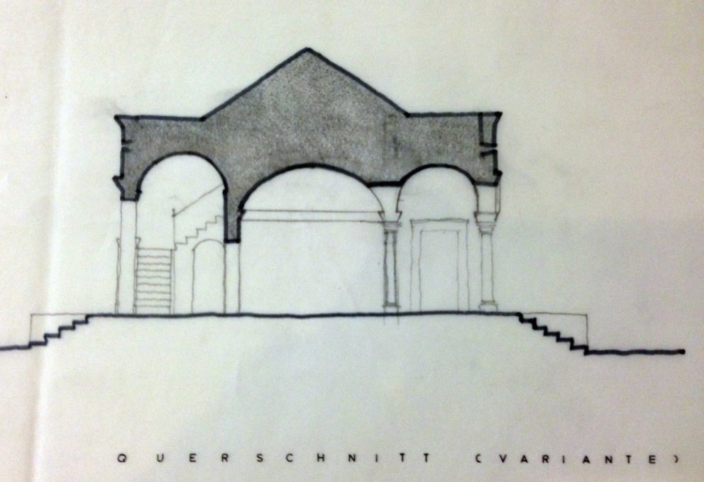Preliminary cross-sectional drawing, showing the different ceilings of the rooms.